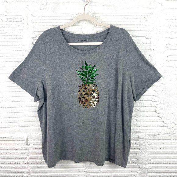 Catherines Gray Short Sleeve Sparkly Sequin Pineapple T-Shirt Size 14/16W Petite - Picture 1 of 16